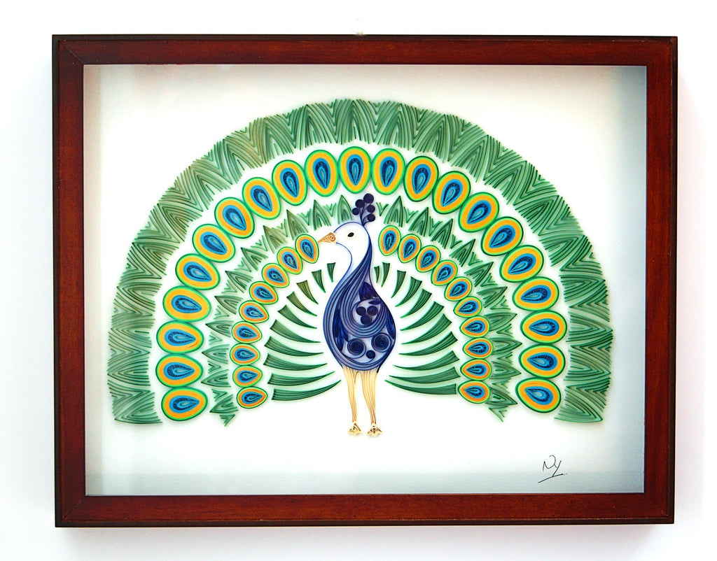 Mayura - Peacock, Handmade paper quilling artwork made in California, USA. Sustainable and eco-friendly art work created by an artist in the bay area.