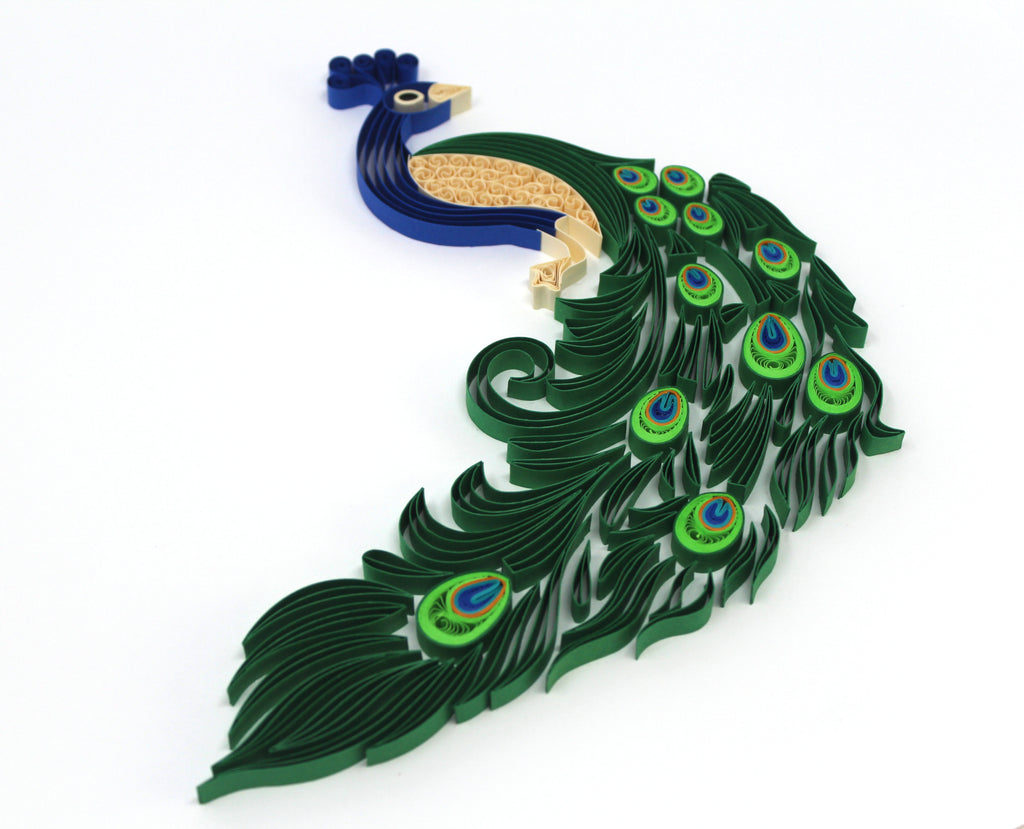 Morh - Peacock, Handmade paper quilling artwork made in California, USA. Sustainable and eco-friendly art work created by an artist in the bay area.