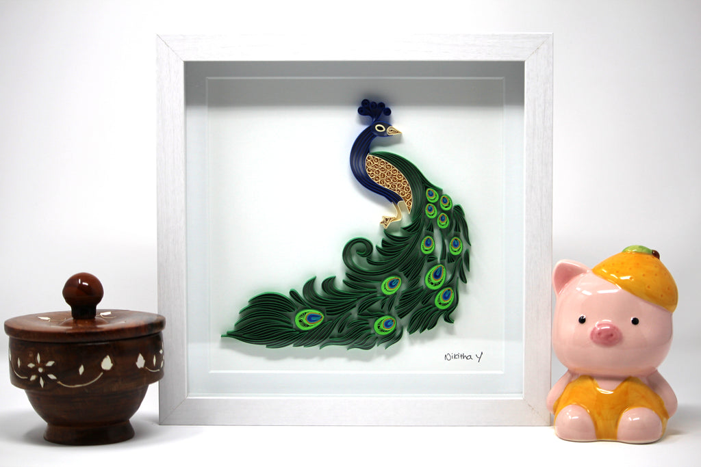 Morh - Peacock, Handmade paper quilling artwork made in California, USA. Sustainable and eco-friendly art work created by an artist in the bay area.