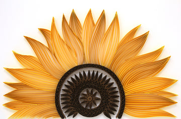 Surya Mukhi Sunflower Mandala Paper Quilling Art Work, Handmade paper quilling artwork made in California, USA. Sustainable and eco-friendly art work created by an artist in the bay area.