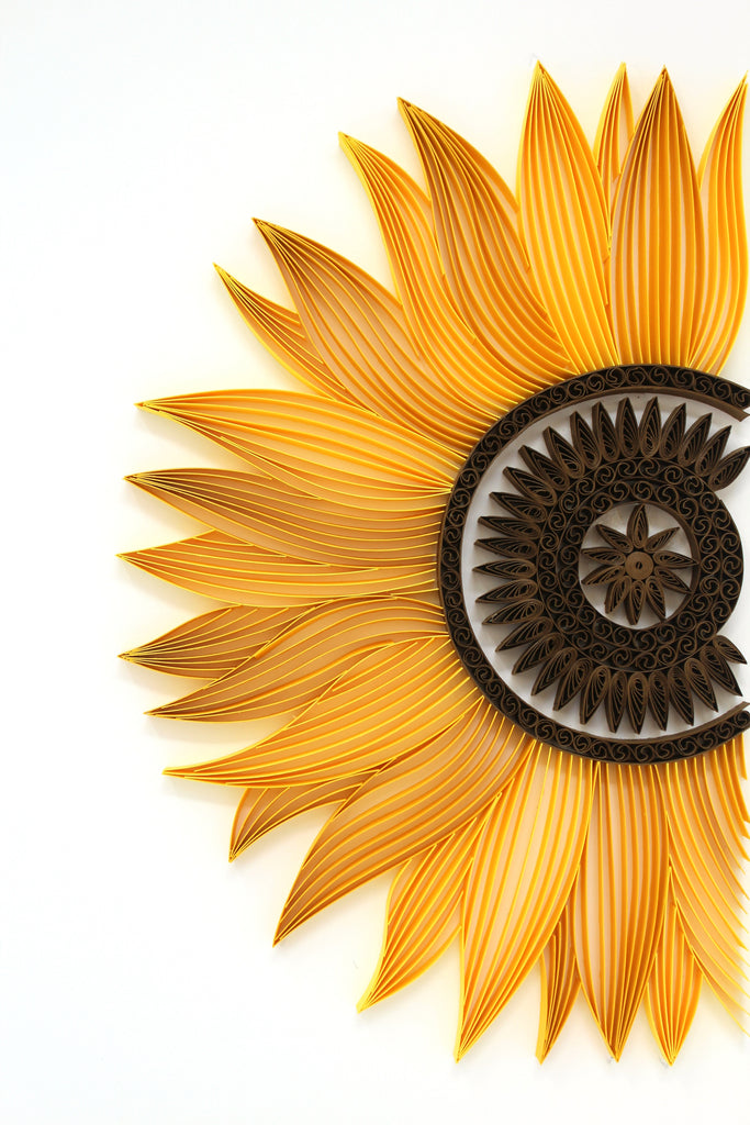 Surya Mukhi Sunflower Mandala Paper Quilling Art Work, Handmade paper quilling artwork made in California, USA. Sustainable and eco-friendly art work created by an artist in the bay area.