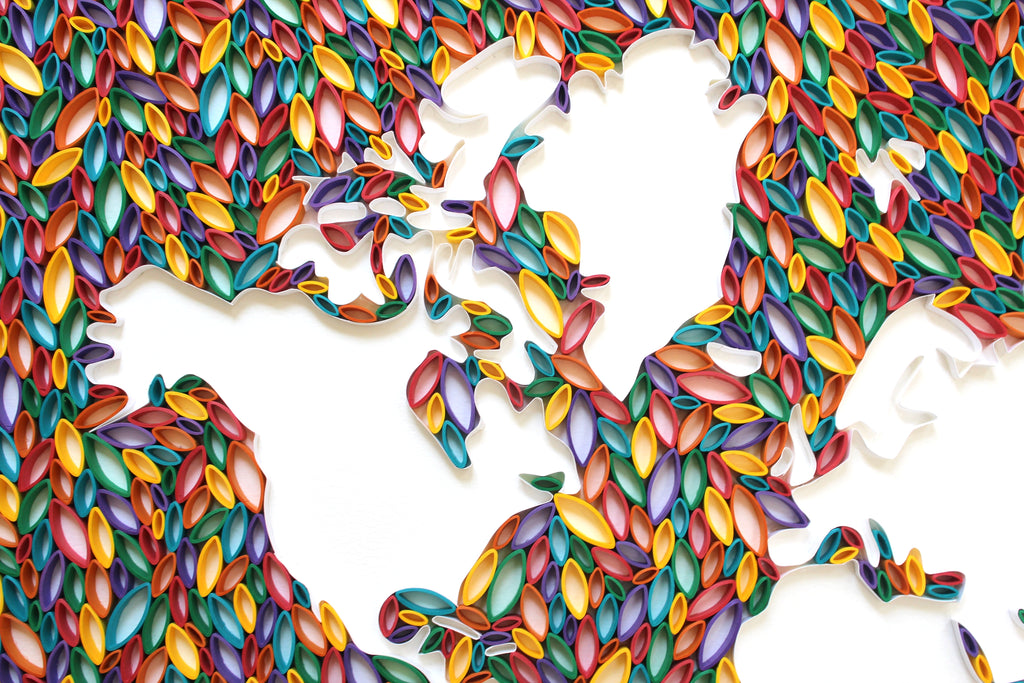 World Map Paper Quilling Art Work, Handmade paper quilling artwork made in California, USA. Sustainable and eco-friendly art work created by an artist in the bay area.