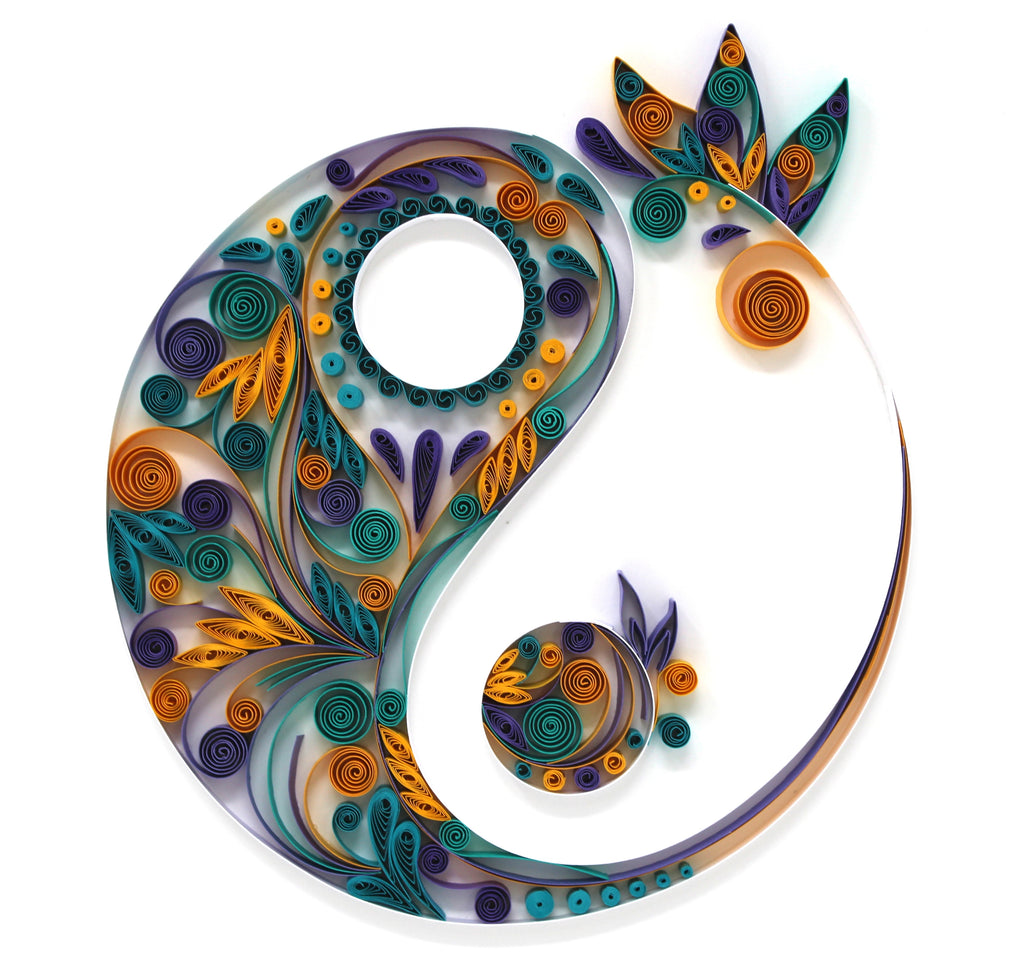 Yin Yang Quilled Paper Art, Handmade paper quilling artwork made in California, USA. Sustainable and eco-friendly art work created by an artist in the bay area.