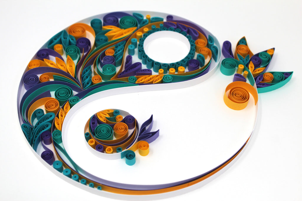 Yin Yang Quilled Paper Art, Handmade paper quilling artwork made in California, USA. Sustainable and eco-friendly art work created by an artist in the bay area.