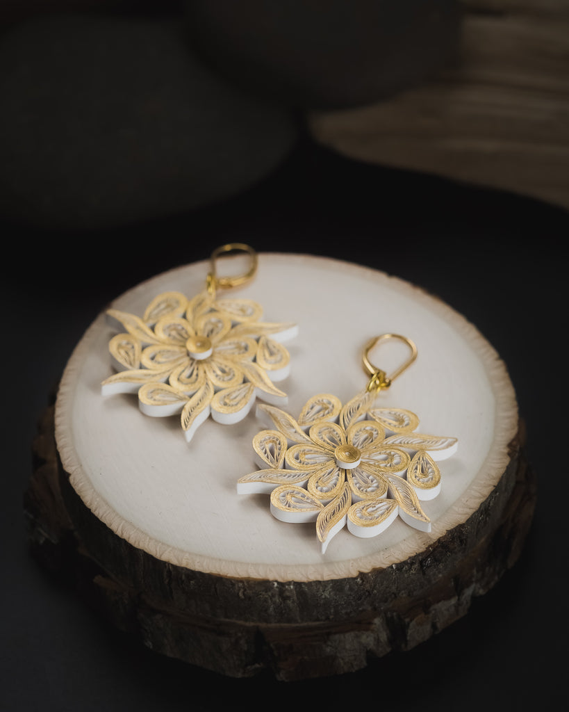 Gold and White Mandala Flower Earrings, Handmade paper quilling light weight earrings made in California, USA. Sustainable fashion and eco-friendly earrings.