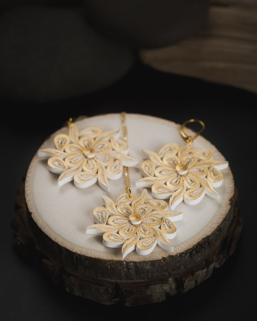 Gold and White Mandala Flower Earrings, Handmade paper quilling light weight earrings made in California, USA. Sustainable fashion and eco-friendly earrings.