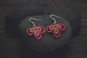 Pijjara Rose Red Earrings, handmade paper quilling light weight earrings made in California, USA. Sustainable fashion and eco-friendly earrings.