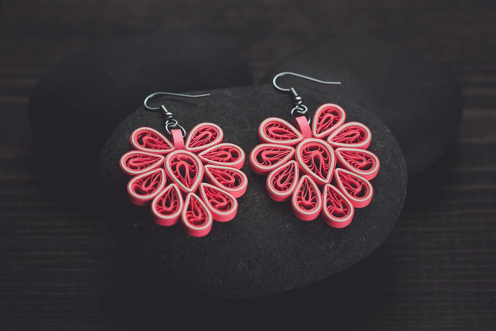 Nissi Victory Big Peach Earrings, handmade paper quilling light weight earrings made in California, USA. Sustainable fashion and eco-friendly earrings.