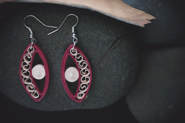 Jyotsna Moonlight Red Earrings, handmade paper quilling light weight earrings made in California, USA. Sustainable fashion and eco-friendly earrings.