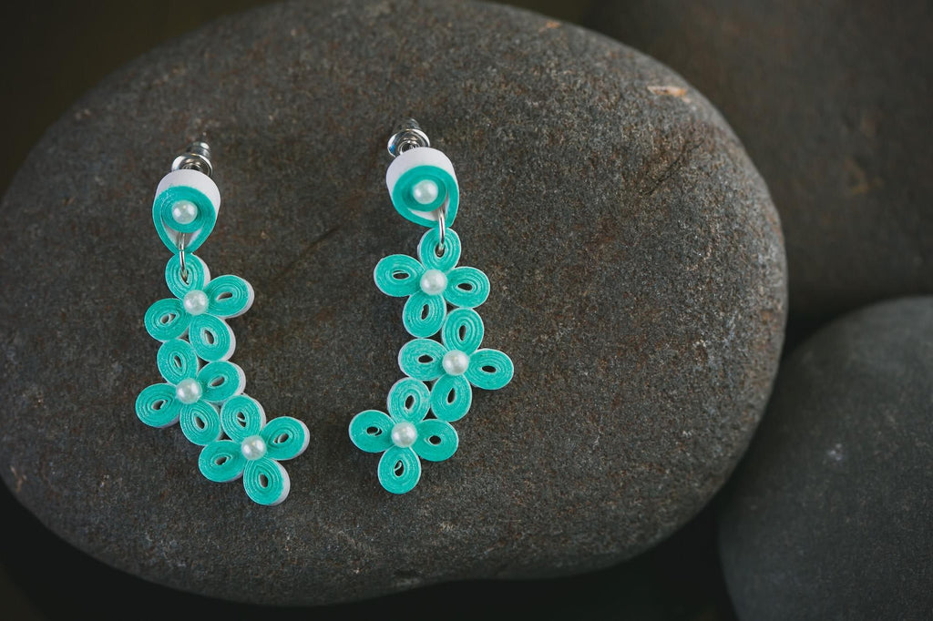 Nabha Sky Teal Flower Pearl Earrings, handmade paper quilling light weight earrings made in California, USA. Sustainable fashion and eco-friendly earrings.