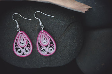 Mukula Bud Pink Boho Teardrop Earrings, handmade paper quilling light weight earrings made in California, USA. Sustainable fashion and eco-friendly earrings.