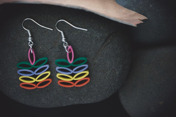 Karmuka Rainbow Dangle Earrings, handmade paper quilling light weight earrings made in California, USA. Sustainable fashion and eco-friendly earrings.