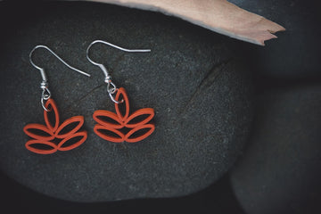Toyaja Lotus Small Orange Lotus Earrings, handmade paper quilling light weight earrings made in California, USA. Sustainable fashion and eco-friendly earrings.