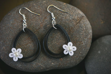 Viras Excitement Black and White Teardrop Earring, handmade paper quilling light weight earrings made in California, USA. Sustainable fashion and eco-friendly earrings.