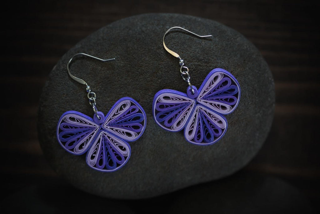 Traya Threefold Purple Geometric Earrings, handmade paper quilling light weight earrings made in California, USA. Sustainable fashion and eco-friendly earrings.