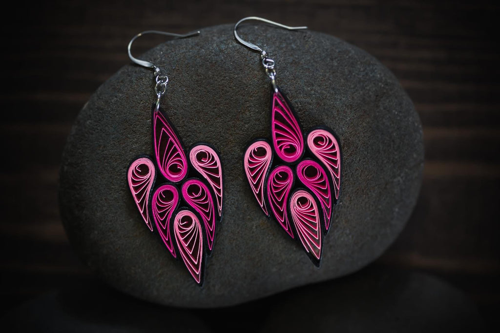 Rani Queen Long Pink Handmade Earrings, handmade paper quilling light weight earrings made in California, USA. Sustainable fashion and eco-friendly earrings.