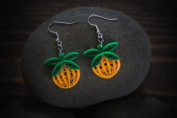 Kusumandha Quilled Pumpkin Earrings, handmade paper quilling light weight earrings made in California, USA. Sustainable fashion and eco-friendly earrings.