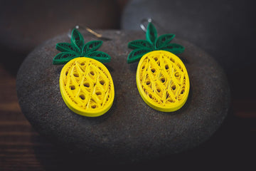 Pineapple Fruit Earrings, handmade paper quilling light weight earrings made in California, USA. Sustainable fashion and eco-friendly earrings.