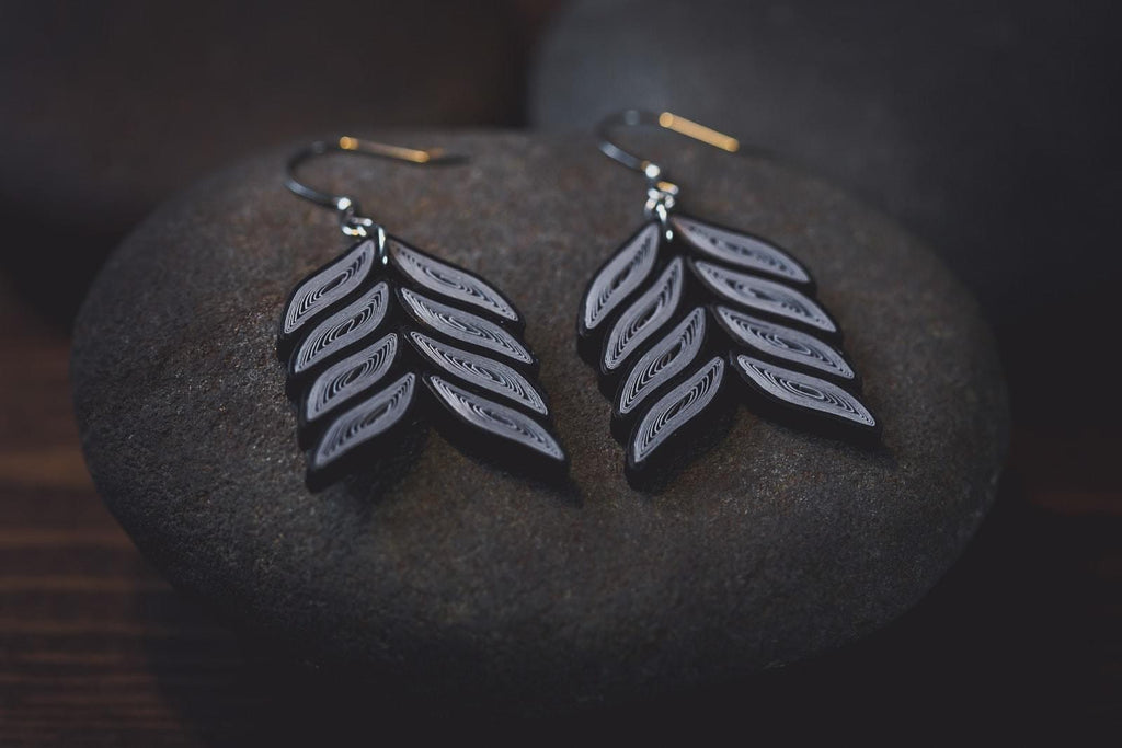 Kapote Grey Black Earrings, handmade paper quilling light weight earrings made in California, USA. Sustainable fashion and eco-friendly earrings.
