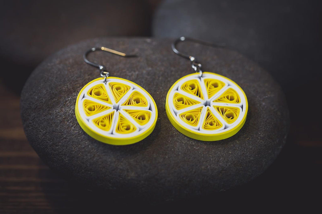 Lemon Fruit Earrings, handmade paper quilling light weight earrings made in California, USA. Sustainable fashion and eco-friendly earrings.