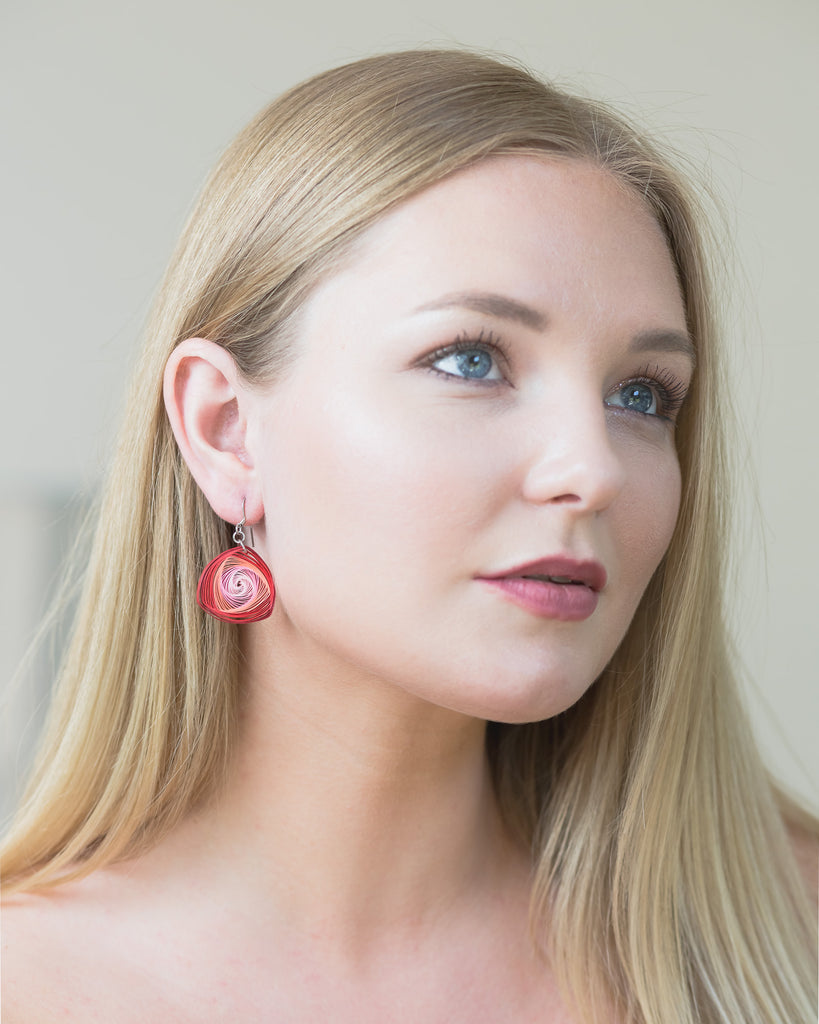 Karnika Whorl Red Geometric Earrings, handmade paper quilling light weight earrings made in California, USA. Sustainable fashion and eco-friendly earrings.