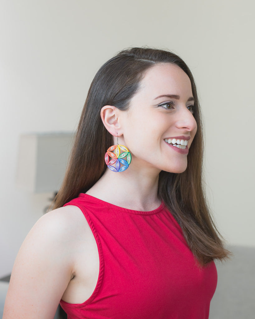 Mandala Rainbow Earrings, handmade paper quilling light weight earrings made in California, USA. Sustainable fashion and eco-friendly earrings.