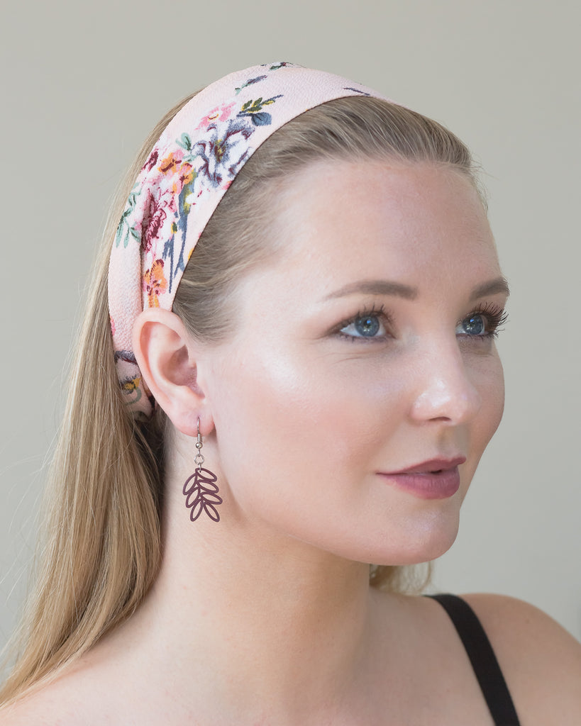 Patra Leaf Dangle Earrings, handmade paper quilling light weight earrings made in California, USA. Sustainable fashion and eco-friendly earrings.