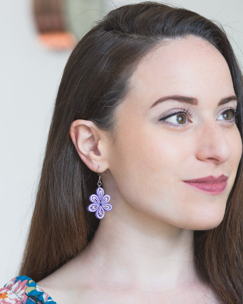 Vrista Purple Filigree Teardrop Earrings, handmade paper quilling light weight earrings made in California, USA. Sustainable fashion and eco-friendly earrings.